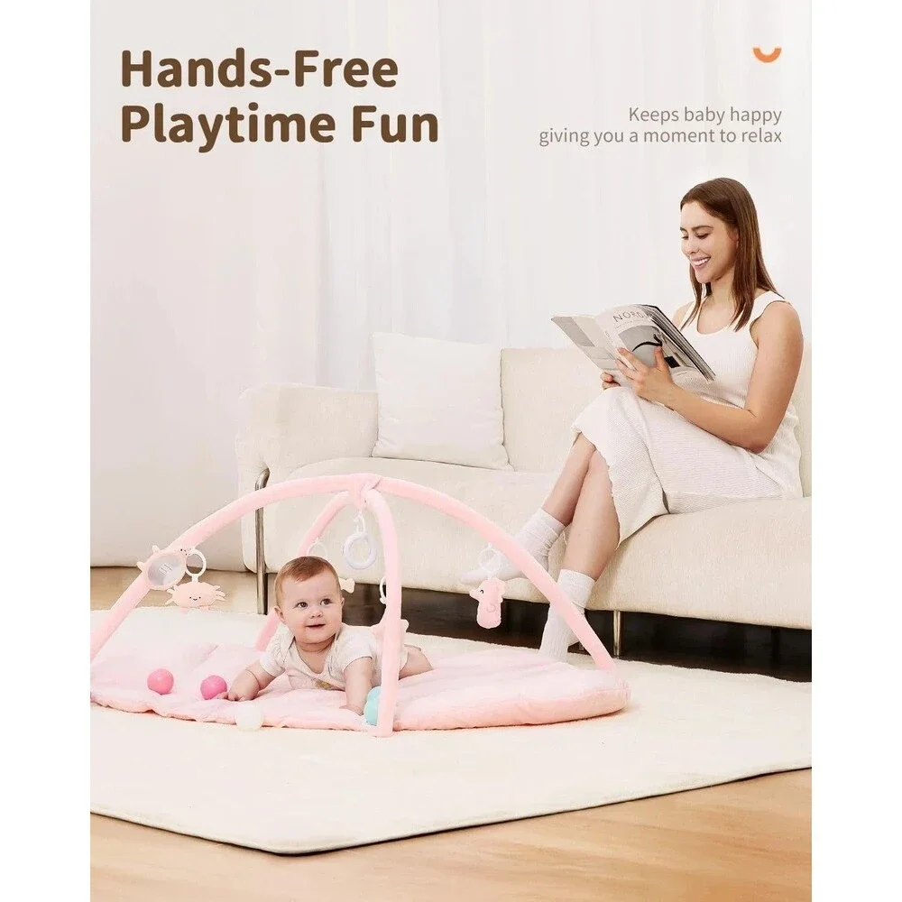 Angelbliss Baby Play Gym Mat Reversible Tummy Time Mat 5 Sensory Toys Girl Pink